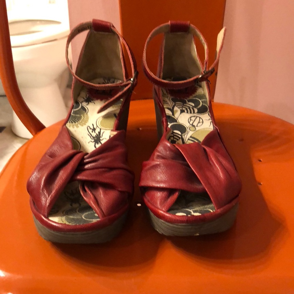 Wine colored Fly London Mary Jane wedge.